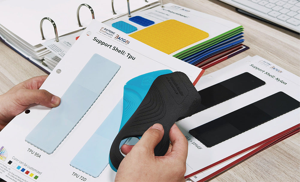 Supplier of diverse insole materials including EVA, PU foam, gel, and TPU/nylon shells paired with various fabrics for orthopedic designs.