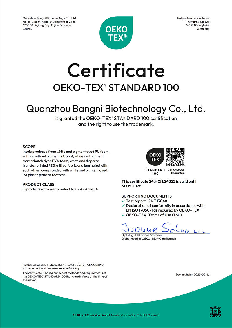OEKO-TEX Standard 100 certified non-toxic materials for safe and skin-friendly insole production